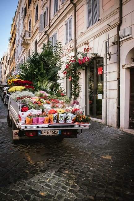 A flower delivery vehicle parked on a cobblestone street in front of a European-style building with white facades, tall windows, and potted plants including vibrant pink and red geraniums. The truck's