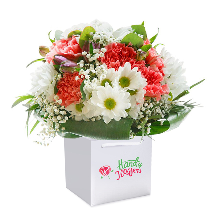 Radiating charm and the spirit of celebration, this vibrant floral gift is meticulously crafted by a seasoned florist from Petts Wood. At the heart of this arrangement stand coral and peach carnations, their signature ruffled petals evoking a plush softness and depth, each bloom full of warmth and colour. Interwoven among them, pure white daisy chrysanthemums with lively lemon-lime centers sparkle with youthful energy, their bright faces reminiscent of sun-dappled mornings at Willett Recreation Ground. Sprigs of delicate white baby's breath lend an ethereal air, dancing gently between the stronger forms, while a few closed buds tinged with soft purples introduce subtle mystery and natural variation. Surrounding all, generous glossy green foliage fans outward, forming a protective collar that highlights the bouquet's abundance and botanical elegance-much like the mature trees that shape Petts Wood's leafy avenues. This full, rounded bouquet is displayed perfectly upright in a crisp white gift bag, complete with sturdy ribbon handles for easy delivery or presentation. Set against a seamless white background, every stem, petal, and leaf is showcased in vivid detail, underscoring the arrangement's garden-fresh quality. Ideal for birthdays, anniversaries, or treating a friend in Petts Wood, this arrangement is a radiant gesture crafted with local pride and floral expertise.