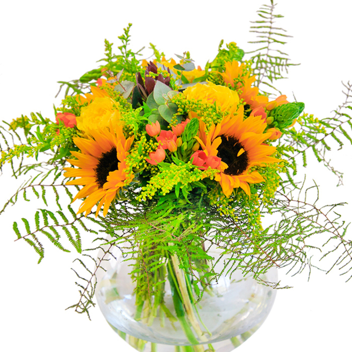 This exuberant bouquet, arranged in a crystal-clear glass vase, radiates the warmth of sun-filled afternoons in Petts Wood, its palette reminiscent of vibrant Sundays at the Memorial Gardens. Towering sunflowers anchor the display, their golden petals and velvety brown centers reminiscent of joyful summer days and ripe fields nearby. Framing these icons of cheer, yellow garden roses bloom in plush layers, their intricate spirals adding wholesome elegance. Bright red Hypericum berries gleam among the greens, catching the eye like hidden treasures on woodland walks through Petts Wood's leafy lanes. Cascades of feathery fern fronds soften the composition, their gentle arch echoing natures gentle rhythms, while airy solidago sprigs with tiny yellow blossoms mimic the wildflowers you might find growing around Jubilee Park. Soft eucalyptus with its cool blue-green tinge peeks through, lending a serene finish and tying the bouquet to the area's natural beauty. The stems, set gracefully within the glass vessel, soak in fresh water-a testament to the arrangement's just-cut vitality and the florist's attention to every detail. The overall design, brimming with harmonious colour and movement, offers a perfect centerpiece or heartfelt gift for celebrations large and small. With this bouquet, Flowers Petts Wood brings the richness of the local landscape and the embrace of a close community into any room.