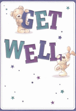There's a gentle, uplifting spirit woven through this cheerful get well card, which feels as at home in Petts Wood as a stroll down the tree-lined streets of Station Square. The illustration shows a sweet, welcoming bear perched atop the bold 'GET,' while a playful puppy rests against the 'WELL,' their rounded features and smiling faces radiating hope and genuine affection. The playful use of deep blues, purples, and teals for the message's letters gives the design vibrancy-colours reminiscent of the blossoming hydrangeas and bluebells in local gardens. Stars, softly scattered about the pure white background, resemble friendly fireworks or the first evening stars seen above Petts Wood's rooftops, each one delivering a subtle burst of healing wishes. The card's tactile detail is captured in the bear's soft-looking fur and the velvety texture suggested in the puppy's floppy ears, offering a sense of comfort as if from a favourite plush toy or a freshly prepared bouquet. Much like a thoughtfully arranged get well gift from Flowers Petts Wood, this design is carefully composed-every element included to soothe, uplift, and deliver an authentic, neighbourly gesture of care and lightness during recovery.